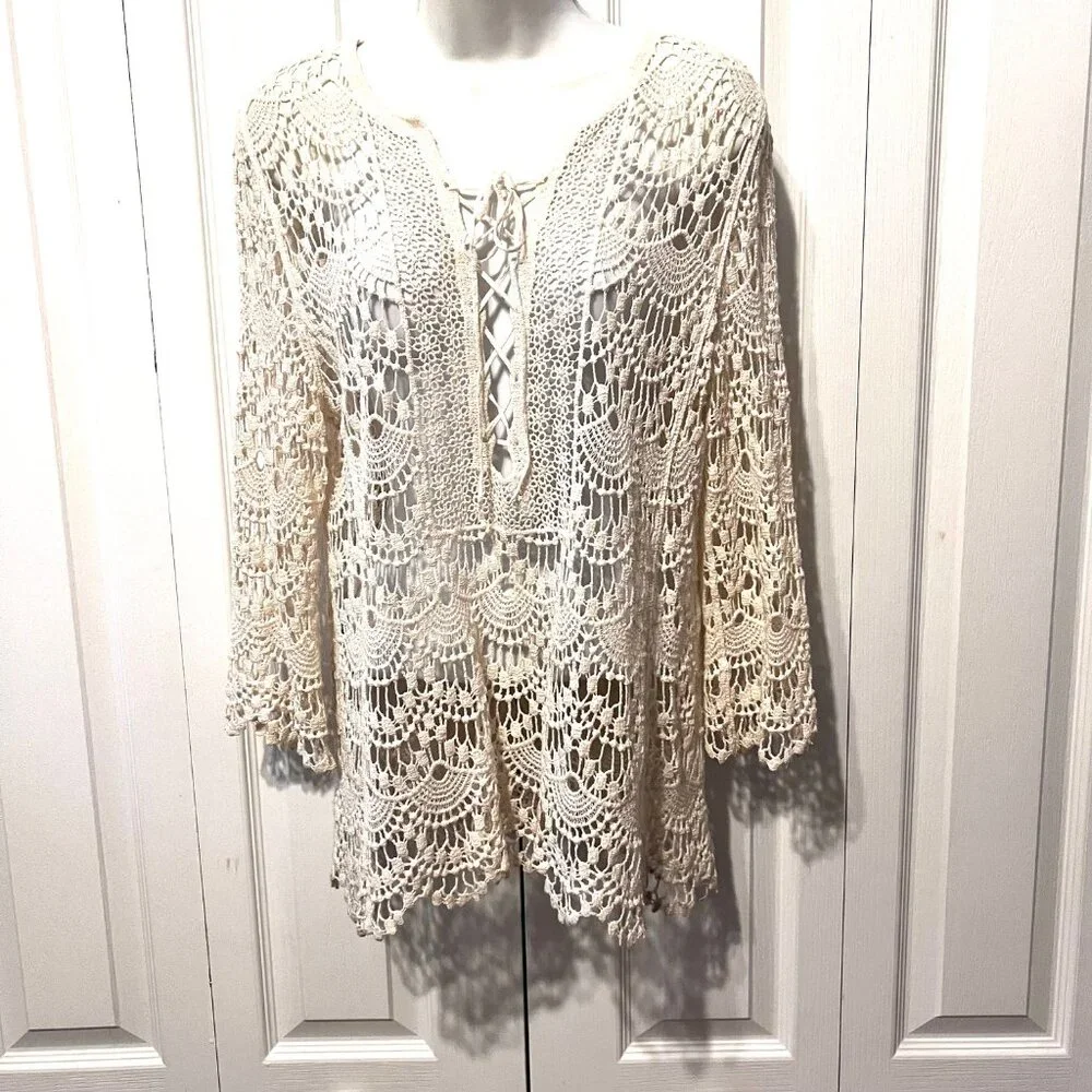 Forgotten Grace-100% Cotton Women's Boho/Hippie Top-Cream-Med-Lace Up-Lace Scall - Picture 2 of 12